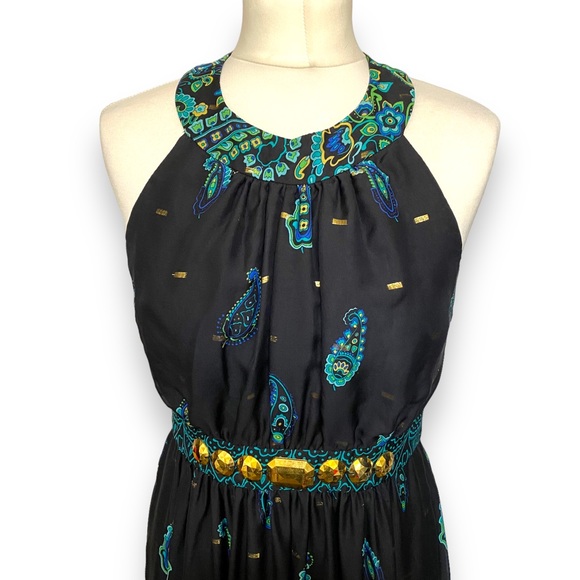 Tibi Dress Maxi Halter Neck Silk Black Green Paisley Embellished Occasion 10 12 - Picture 2 of 16